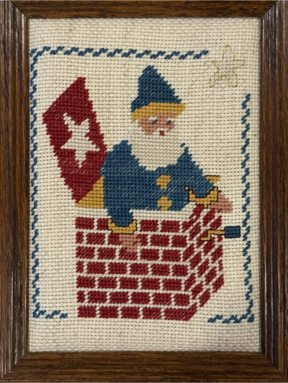 Christmas in July- Homespun Collectibles Framed Santa Cross-Stitch - Red & Navy